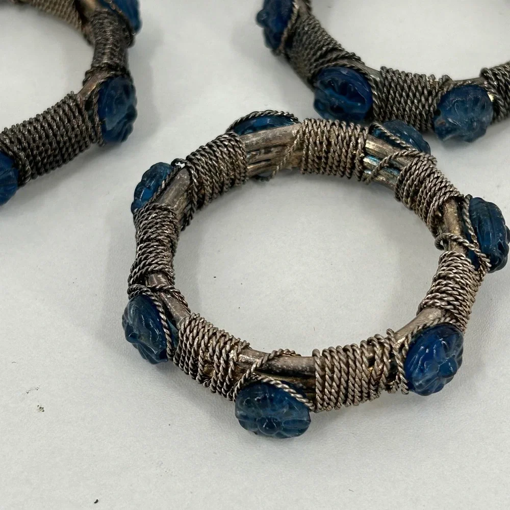 Vintage Napkin Rings Set of 6 Silver Tone Wire Wrapped Blue Glass Floral Detail